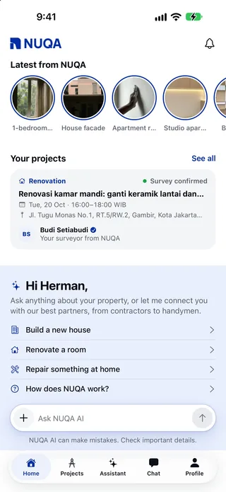 The Home screen of the NUQA app: Latest from NUQA, a project with its confirmed survey and surveyor, and NUQA AI with suggestions and the Ask NUQA AI message box