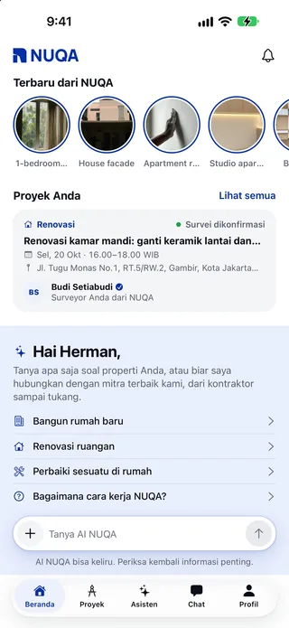 Beranda aplikasi NUQA: Terbaru dari NUQA, proyek dengan survei yang sudah dikonfirmasi beserta surveyornya, dan AI NUQA dengan pilihan cepat serta kotak pesan Tanya AI NUQA